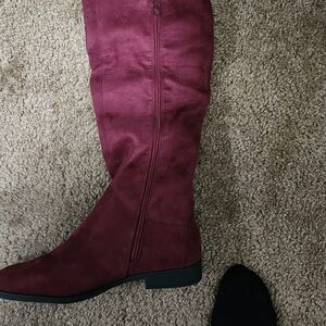 Burgundy suede knee high boot